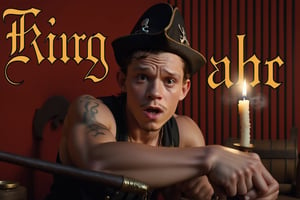 arafed image of a man with a hat and a candle, tom holland as a pirate, still from a music video, stock and two smoking barrels, inspired by A.D.M. Cooper, awingawat, STRONG arms, in style of , live-action john waters film, screenshot from a movie