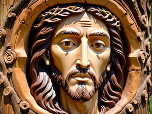 a carved face of jesus on a wooden trunk of a tree very intricate