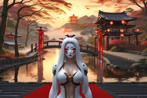 A Sexy Robot (((Geisha))) with a(( High Gloss )),(((white/red Plastic face)))(( white glossy Plastic Body)),Japanese temple with UFO IN THE BACKGROUBD ,Photorealistic ,Beautiful woman ,Full Body