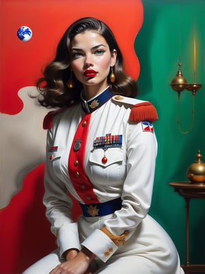 Hyperreal. Art by  Gentileschi, Barbara Kruger, Lavinia Fontana.Frankenthaler, Cassatt, O'Keeffe Alma Thomas, Craft a [alien  planet, coast guard officer beautiful detailed glow, art bythere is a woman (Adriana Lima :1.1) red lips, green eyes, after work smiling face, royal pale, white uniform, grandeur aristocratic palace atmosphere], using Bauhaus ink art techniques, featuring minimalistic [vermillion, rhodium, vanadium, iron rust, royal gold] neon sketches  Inverted colours. Breathtaking, something that doesn't exist, mystique, energy, molecular, textures, sumi-e with cerulean hue light. Dutch view, full body shot with Cannon EF 35mm f/1.4L II USM Lens. 