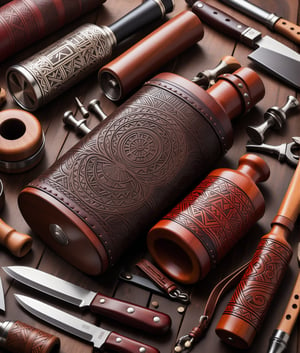 A close-up shot of a modern *Mexican* water flask, hand-tooled with intricate low rider day of the deadl patterns in deep earthy tones like brown and red leather. Metal accents or a minimalist strap add sleek, contemporary flair to this elegant design blending ancient craft with modern functionality. In the background, tools used in leatherworker lie scattered, including knives, hammers, wooden molds, rolls of leather, and traditional pattern stencils, emphasizing the harmony between heritage and innovation.




