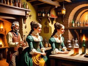 a close up of a painting of a man and woman in a kitchen, inside a tavern, in a pub, tavern, in the pub, by William Jacob Baer, high - relief sculpture scene, victorian alchemists, quirky 1 9 th century, 1 9 th century scene, in fantasy tavern near fireplace, 3 d oil painting, by John Atherton