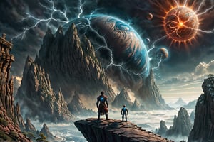arafed image of a man standing on a rock looking at a planet, epic fantasy sci fi illustration, fractal thunder dan mumford, wide angle fantasy art, inspired by Johfra Bosschart, fantasy epic digital art, epic fantasy illustration, detailed fantasy digital art, by Johfra Bosschart, epic fantasy digital art, dramatic fantasy art, science fantasy painting