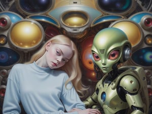 there is a woman and a robot standing next to each other, inspired by Ron English, oil and alien on canvas, alien man with alien woman, elle fanning as an android, an alien musician lost in space, alien girl, aliens in the background, album art, inspired by Jim Burns, artgerm and james jean, james jean and wlop