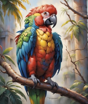 painting of a colorful parrot perched on a branch with a grungy background, parrot, rich oil, masterful detailed oil, watercolor painting style, oil artwork of exotic, oil detailed art, painted in bright oilcolors, highly detailed 4 k painting, highly detailed oil colour 8k, highly detailed oil colour 8 k, ethereal macaw, detailed painting 4 k
