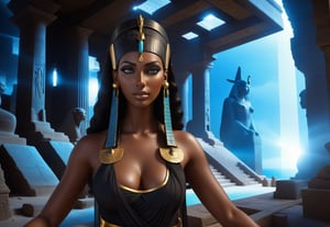 there is a woman with a black dress and an egyptian statue, dark skin female goddess of love, storm egyptian god, epic 3 d yemaya, cinematic goddess close shot, beautiful cleopatra, epic 3 d oshun, cleopatra portrait, android girl in egyptian ruins, 3 d goddess minerva, egyptian princess, kemetic, photo of ghost of anubis