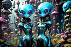 there are two alien statues standing next to each other, beeple and jeremiah ketner, alice in wonderland cyberpunk, surreal dark fantasy, benjamin lacombe, surreal fantasy, michael cheval (unreal engine, surreal and fantasy art, year 3 0 0 0, year 3000, sci fi, the mekanik doll, dark fantasy sci fi
