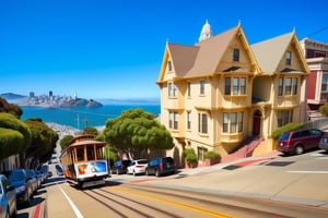 arafed view of a street with a trolley going down it, san francisco, photograph of san francisco, bay area, sf, former, shutterstock, vallejo, vibrant art, in a city with a rich history, vibrant and vivid, 4 0 9 6, city view, built on a steep hill, victorian city, tourist destination, travel, istock