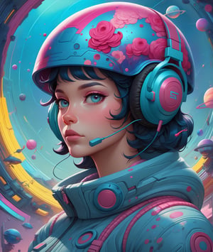 a woman in a helmet with headphones on and a splattered background, beeple and jeremiah ketner, greg beeple, futuristic art style, stunning digital illustration, style hybrid mix of beeple, jen bartel, sci - fi illustrations, sci-fi illustrations, beeple and james jean, futuristic art, sci-fi digital art illustration
