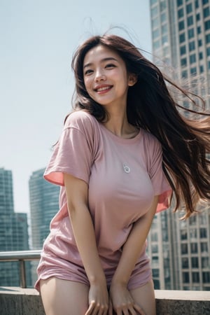 1girl, (happy face:1.2), long messy hair, wind blowing, dynamic pose, T-shirt, no pants, (large sized breast:1.4),fly in sky, stunning high-rises background,
,stunningly beautiful, blush, Fantasy, highly detailed, Cinematic lighting,daytime,chromatic aberration,wide shot,High detailed 