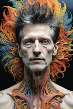 photo of a 46 years man, with short hair, a short beard, Hyperrealistic art, intricate, (colorful), (a superb Art Brut Decollage art, man Lycanthropic Phoenix), ethereal neural network organism, divine cyborg dragon:2 man:0.3, glass skeleton, skinless:3, anatomical face, biomechanical details, (white and iridescent colors:1.1) bright colors, alchemist, alt_style, cinematic, 35mm film, 35mm photography, film, photorealism, DSLR, 8k uhd, hdr, ultra-detailed, high quality, high contrast, MAN, GUY, MEN, male, david lynch movies,aw0k