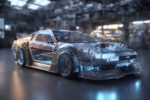 Prompt: high-resolution photograph of a translucent softly glowing mechanical DeLorean DMC-12 car, visible internal organs, polycarbonate, and glass, very detailed, 8k, sharp, fantasy, movie poster, unreal engine 5, octane render, UHD, HDR,STOKYO,jyutaku
