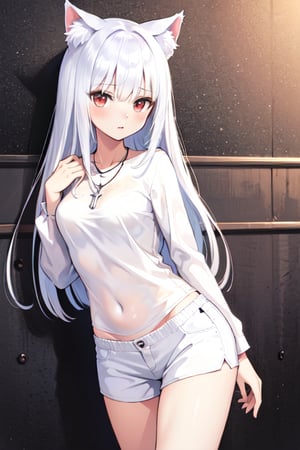 Anime girl (full and natural body, perfect, detailed) long white hair, red eyes,Cat ears, wolf necklace, white shirt, white shorts, medium breasts, (wallpaper, high quality) (on the street)