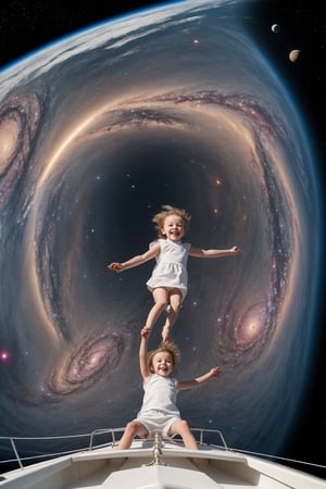 Little girl on a 
 sailing through space 