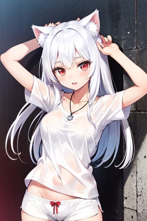 Anime girl (full and natural body, perfect, detailed) long white hair, red eyes,Cat ears, wolf necklace, white shirt, white shorts, medium breasts, (wallpaper, high quality) (on the street)