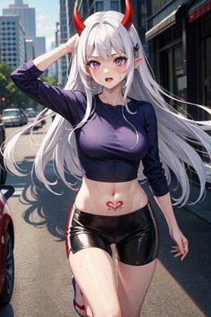 Anime girl, full and natural body, hyper realistic, detailed in a house, Ultra quality image (long white hair with red horns, purple eyes, white and blue shirt, which You can see the navel tattoo on the red navel, blue flip flops,short and tight black pants, in a city running and sweating 