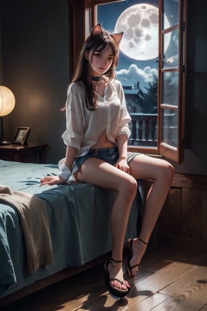 Realistic girl (20 years old, hyper realistic, detailed, in a room, at night, with a full moon,dark ) long white hair, purple eyes, white shirt that shows the navel, with cat ears and collar, blue chor,black flip flops(with an open window, wallpaper, high quality),Blue shirt, white chor 