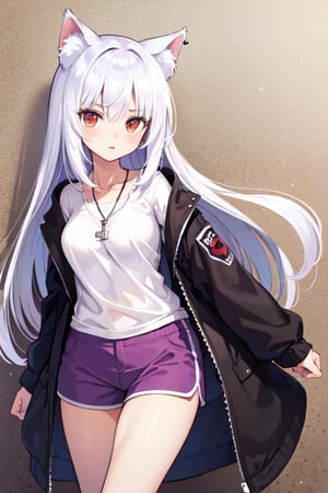 Anime girl (full and natural body, perfect, detailed) long white hair, red eyes,Cat ears, wolf necklace, white shirt, purple shorts, medium breasts, (wallpaper, high quality) (on the street)