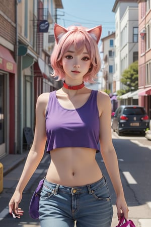 Realistic and anime girl (full and natural body, realistic, detailed, in a city, high quality) pink hair, purple eyes, blue shirt, purple color, red tattoo on the navel, blue flip-flops,With a cat collar, with cat ears and a tail cybernetic