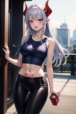 Anime girl, full and natural body, hyper realistic, detailed in a house, Ultra quality image (long white hair with red horns, purple eyes, white and blue shirt, which You can see the navel tattoo on the red navel, blue flip flops,short and tight black pants, in a city running and sweating 