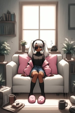 score_9,score_8_up,score_7_up,ClrSkt, 1girl, black hairband, black socks, black sweater, bookshelf, closed mouth, coffee mug, couch, cup, dark-skinned female, dark skin, electric fan, eyepatch, flying sweatdrops, full body, grey eyes, gun, hair between eyes, hair ornament, hairband, hairclip, holding, holding gun, holding weapon, jacket, jewelry, long hair, long sleeves, monitor, mug, non-humanoid robot, off shoulder, overall shorts, overalls, pillow, pink footwear, pink jacket, plant, potted plant, rifle, ring, robot, sitting, slippers, socks, solo, sweater, turtleneck, turtleneck sweater, twintails, weapon, white hair, window