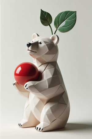 a white ceramic bear with a green leaf on top of it's stem, red ball, background with a shadow of its face on the paper, skyscraper, toony, fruit, CeraST1,photorealistic