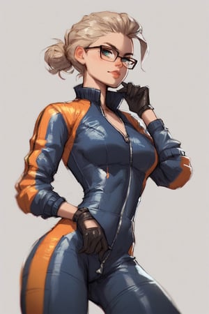 score_9,score_8_up,score_7_up,ClrSkt, 1girl, biker clothes, bikesuit, bodysuit, glasses, solo, unzipping