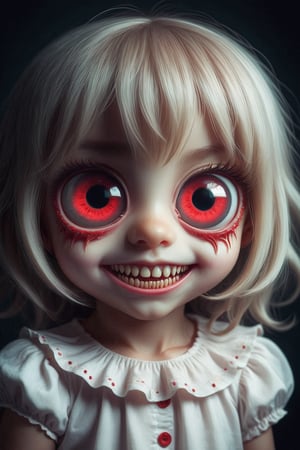 a little girl with huge red eyes, sharp teeth, creepy smile