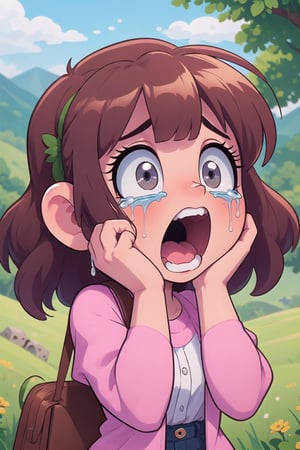 1girl, close up, mouth open, crying,hands on own cheeks,landscape,FaceST