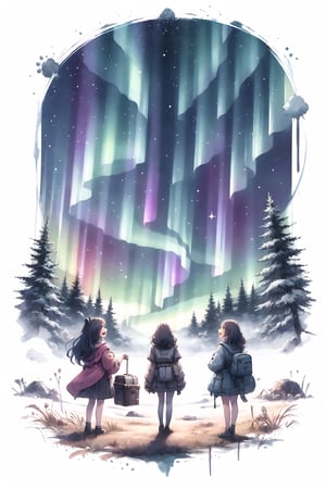 3girls, :d, :o, absurdres, aurora,
,CrclWc,simple background,outdoors,sky,WtrClr