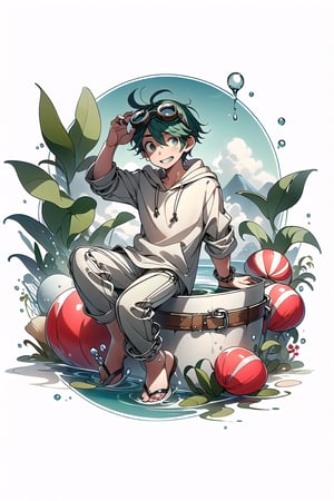 1boy, ahoge, bucket, chain, clam, eyewear on head, full body, goggles, goggles on head, green eyes, green hair, hat, hat on back, looking at viewer, sandals, solo, swim ring, teeth, water, background,scenery
,CrclWc,WtrClr,Slhtte