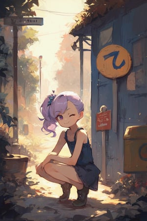 score_9,score_8_up,score_7_up,ClrSkt, 1girl, straight-on, on one knee, wink, flat chest, side part, side ponytail, light purple hair, bus stop, night sky