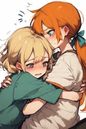 score_9,score_8_up,score_7_up,ClrSkt, 2girls, @ @, blonde hair, blush, girl on top, hair ribbon, hug, long hair, multiple girls, orange hair, ribbon, short hair, short ponytail, side ponytail, tears