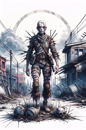 girl, undead, desolation, ruined cityscape, tattered clothing, decaying flesh, vacant stare, eerie atmosphere, abandoned buildings, overgrown vegetation, survival gear, makeshift weapons, haunting shadows, grim determination, remnants of civilization, barren wasteland,CrcKd8,CrclWr