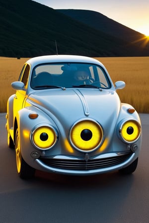 a car with headlights in the shape of yellow eyes