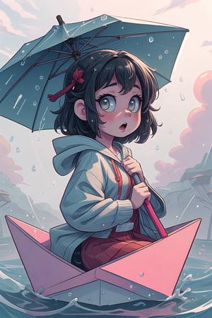 girl, holding something, looking at viewer, surprised, hood, umbrella,rain,water,boat,PpprBt