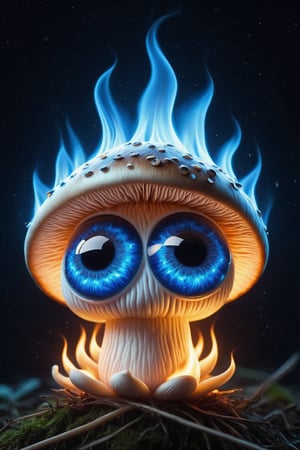 a mushroom with eyes and wrapped in flames, BlFire,intense blue flames, flickering, dancing, warm, radiant, bright, illuminating eyes