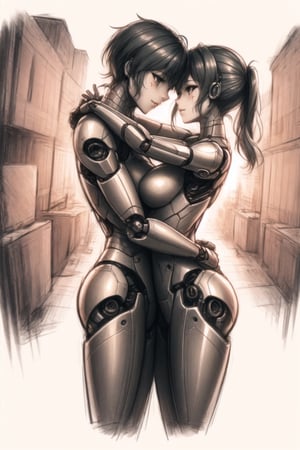 bot, girl, height difference, romantic embrace, heart symbol, sketch style, tender moment, love theme, robotic features, feminine figure, gentle expression, artistic lines, emotional connection,ClrSkt