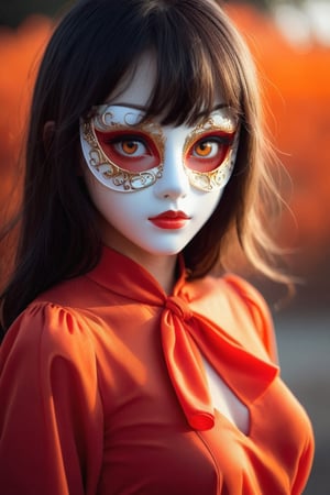 girl,red drees,orange eyes, mask