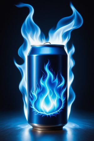 beer can engulfed in blue flames, BlFire,intense blue flames, flickering, dancing, warm, radiant, bright, illuminating eyes