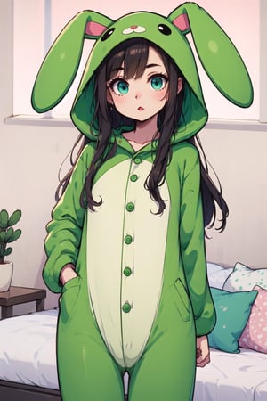 girl, green pajama bunny, kigurumi