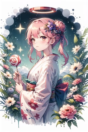 1girl, blue flower, blush, brown eyes, candy apple, closed mouth, flower, food, from side, hair bun, hair flower, hair ornament, halo, hand up, holding, japanese clothes, kimono, long sleeves, looking at viewer, looking to the side, pink hair, solo, white kimono, wide sleeves, background,scenery
,CrclWc,CuteSt1,WtrClr