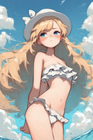 score_9,score_8_up,score_7_up,ClrSkt, 1girl, arms behind back, bikini, blonde hair, blue eyes, blue sky, blush, bow, cloud, long hair, sky, solo, strapless, strapless bikini, swimsuit, very long hair, white bikini, white bow, white headwear