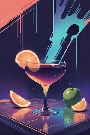 a painting of a martini, an apple, an orange, and a sprig of rosemary, featured on dribbble, volegov, the deck of many things, sovjet, strong grain, saloon, official product image, telegram sticker, stephen outram, potions, the artist has used bright, skyfall
