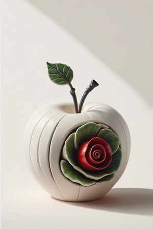 caterpillar tracks, undead, a white ceramic apple with a green leaf on top of it's stem, flower, red flower, background with a shadow of its face on the paper, skyscraper, toony, fruit, CeraST1,photorealistic