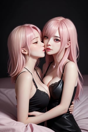 2_girls_hugging, lesbian, yuri, girls_love, pink_hair, blond_hair, yandere_look, kissing, bed, cleavage cutout