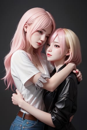 2_girls_hugging, lesbian, yuri, girls_love, pink_hair, blond_hair