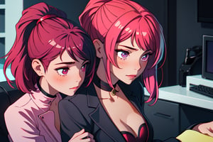 magenta_hair, 2_girls. suit, lesbian, girl's_love, cleavage cutout, family_sex 