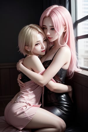 2_girls_hugging, lesbian, yuri, girls_love, pink_hair, blond_hair, yandere_look