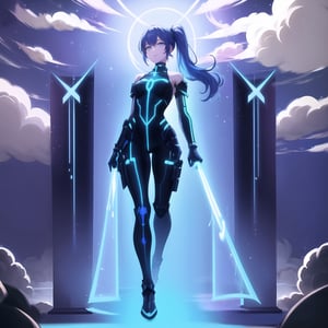 masterpiece,1girl,pony tail,(full body:1.2),long hair,Tall girl with long, (  fit dark blue armor with shining neon trim), blue hair flowing down , surrounded by glowing spells and misty clouds, peaceful atmosphere, panoramic view, ethereal lighting, 8K, hyper detail, refined details